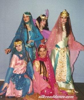 Silk Road Dance Company from an early performance. Nyla, who suggested the name for the ensemble, is shown in green on the far right.